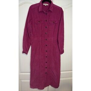 LOFT Pink Corduroy Full Snap Front Maxi Dress Utility Pockets Sz 10 Tall Cottage